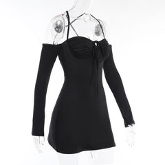 Lace up solid cross back off shoulder long sleeve mini dress  | black rave dress  | black rave dress