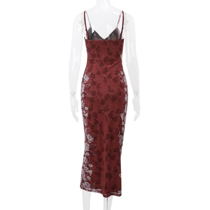 Flower print v neck backless mesh contrast cami midi dress  | red tango dress
