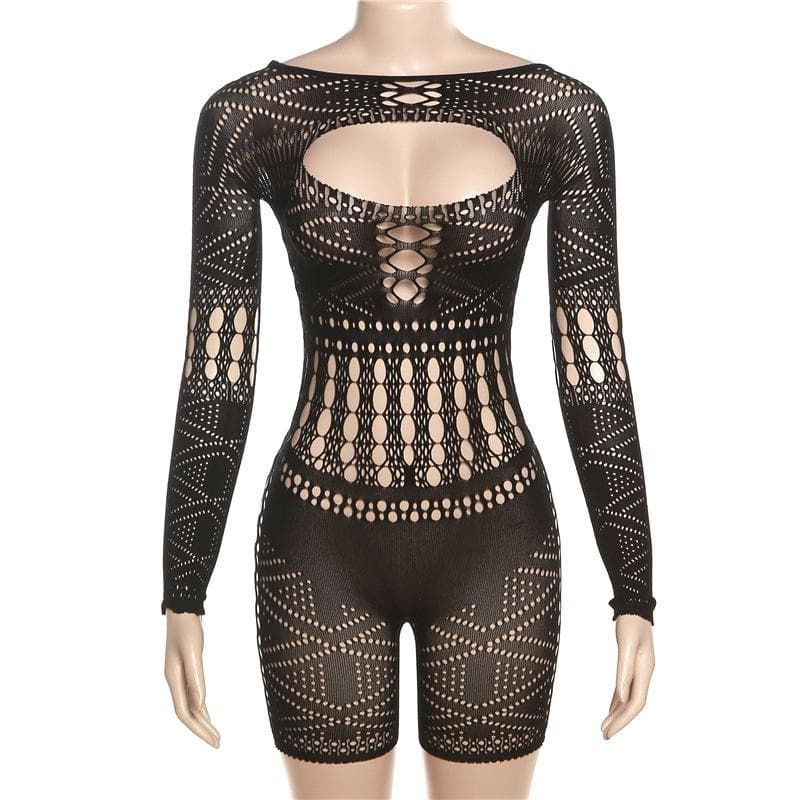 Long sleeve hollow out fishnet solid romper