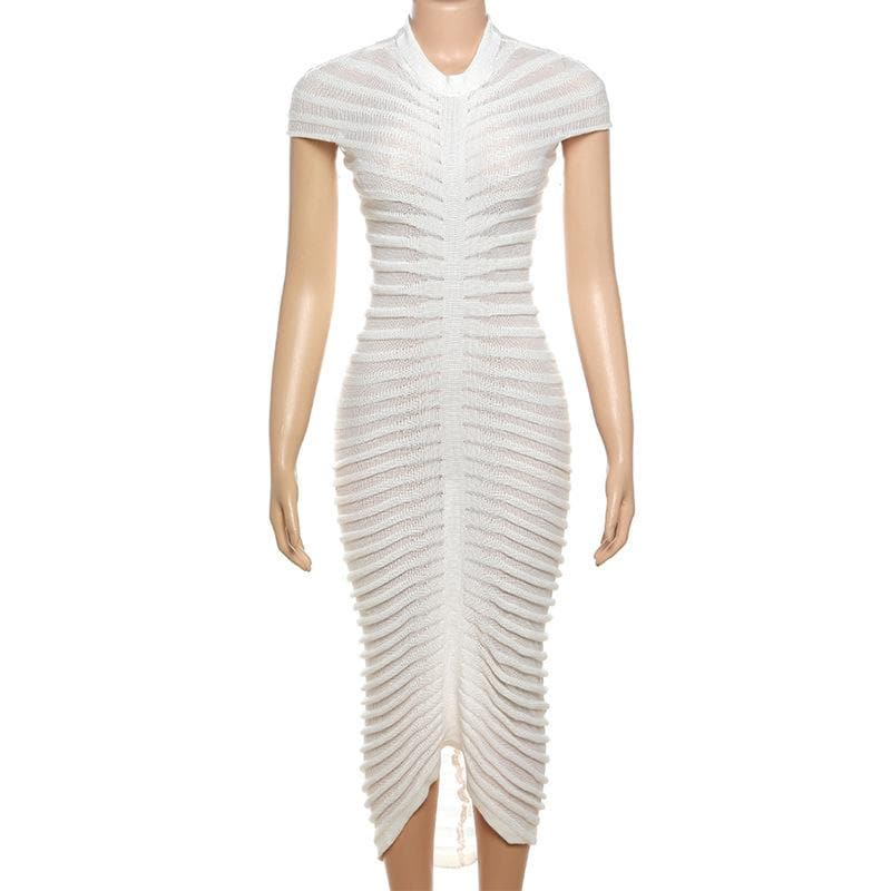 Knitted solid short sleeve crewneck see through maxi dress  | red tango dress