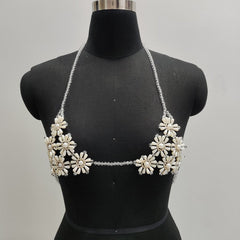 Halter beaded flower pattern backless top