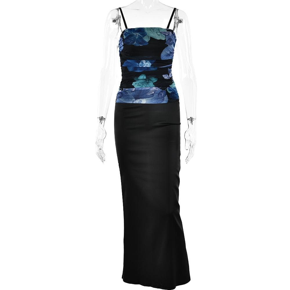Ruched flower print zip-up square neck contrast slit maxi dress  | red tango dress