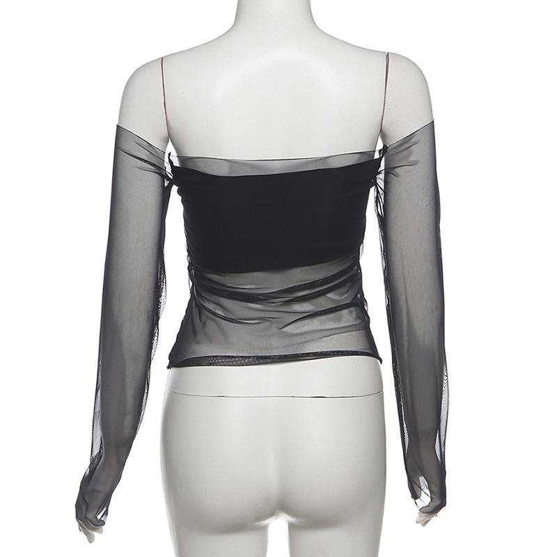 Long sleeve off shoulder dragon print sheer mesh top