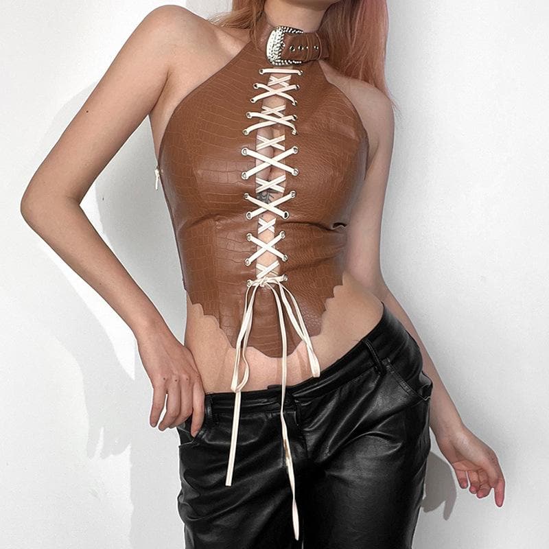 Lace up PU leather contrast halter buckle backless top