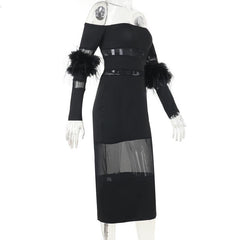 Off shoulder long sleeve fluffy mesh patchwork mini dress