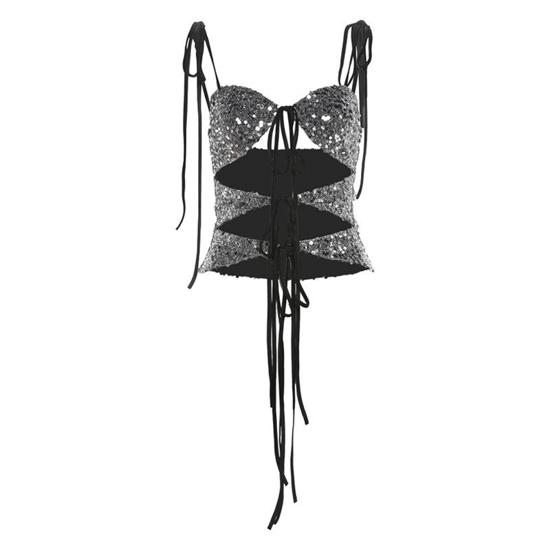 Glitter hollow out self tie backless v neck cami top