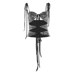 Glitter hollow out self tie backless v neck cami top