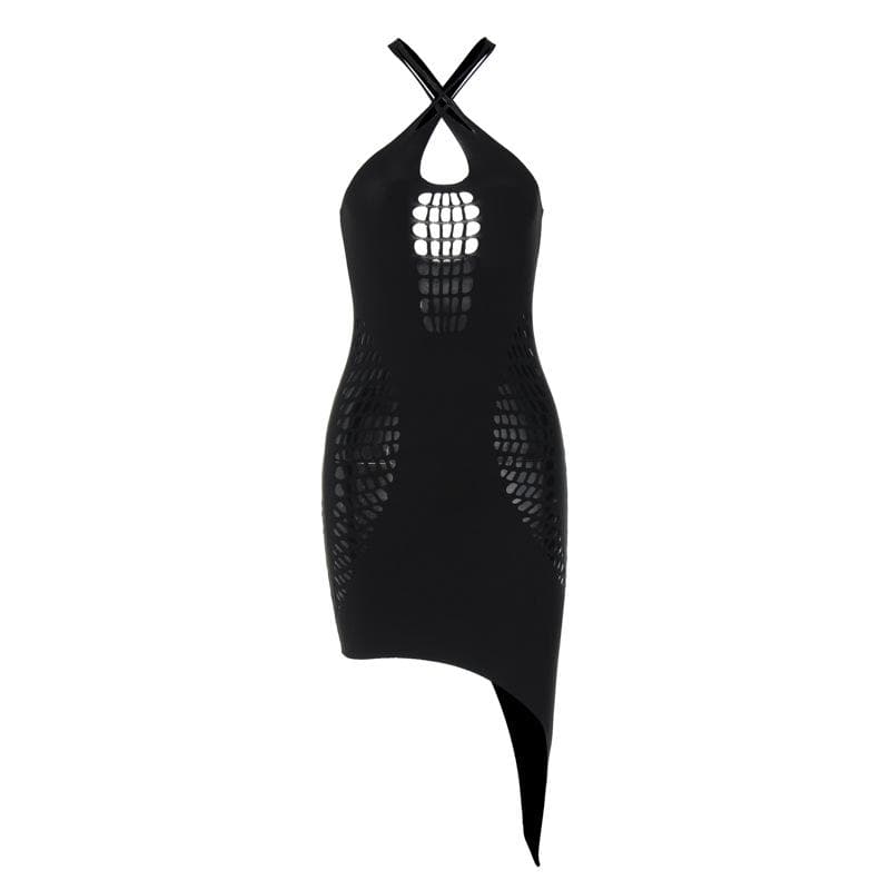 Hollow out solid irregular cross front backless mini dress  | black rave dress  | black rave dress