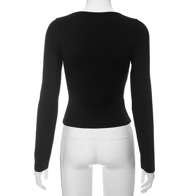 Round neck bowknot hollow out long sleeve solid cut out top