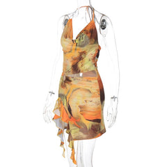 Halter print cowl neck o ring ruffle mini dress