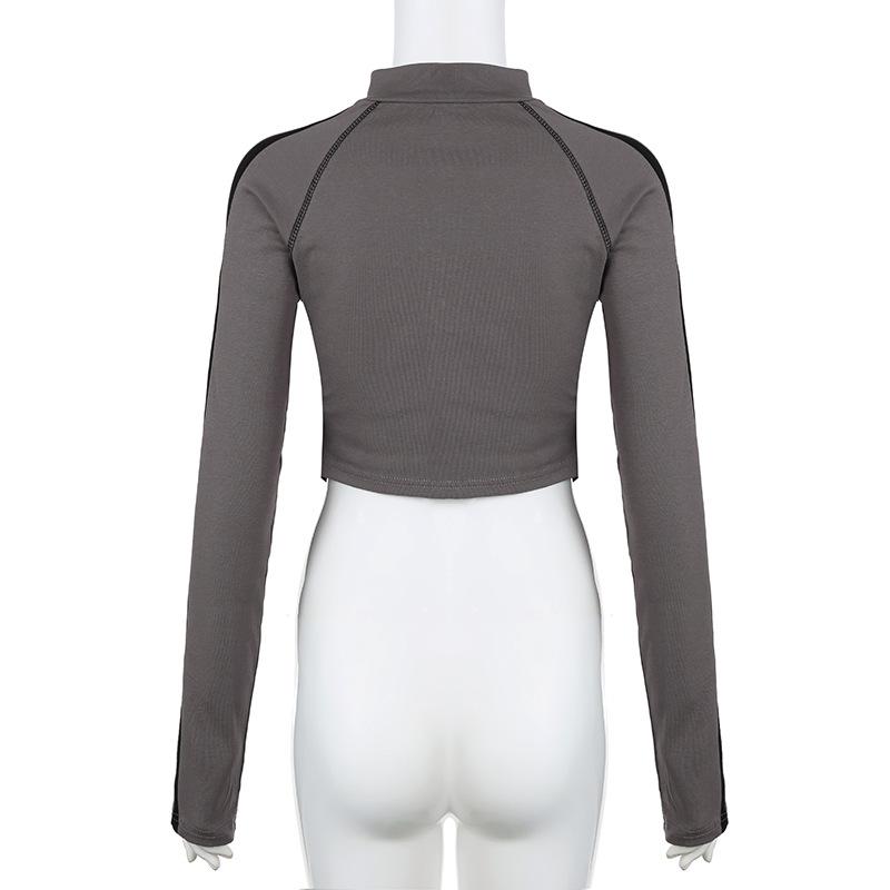 High neck long sleeve tag zip-up top