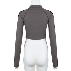 High neck long sleeve tag zip-up top