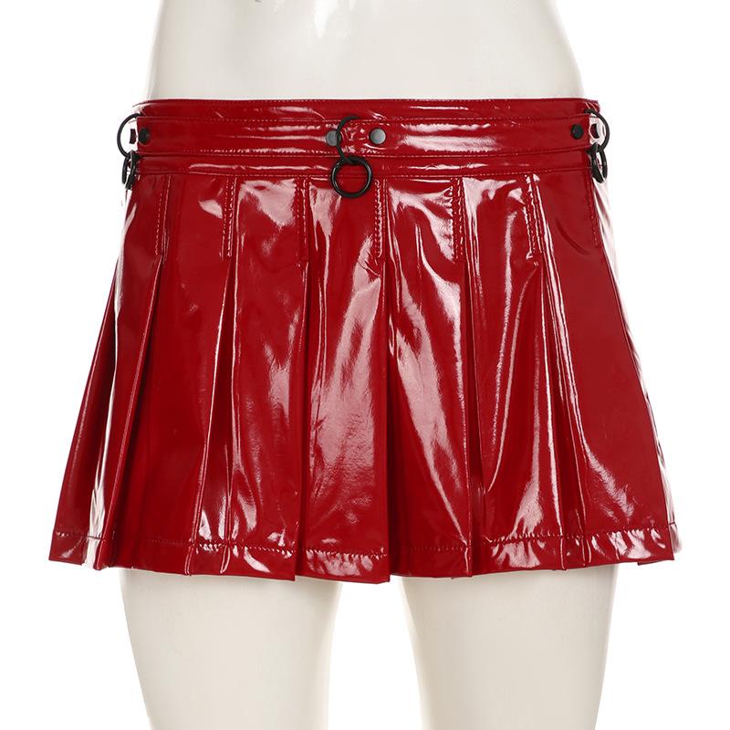 PU leather pleated A line o ring mini skirt