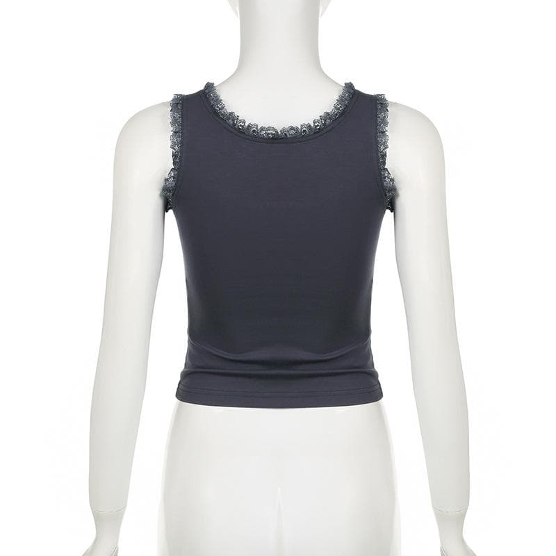 U neck lace hem bowknot pattern contrast tank top