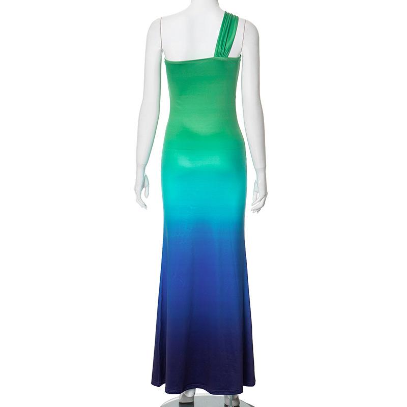 One shoulder gradient ruched cami maxi dress