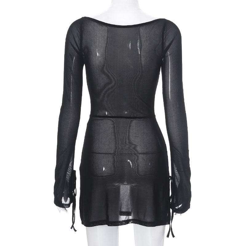 Sheer mesh see through square neck slit long sleeve mini dress  | samba dress