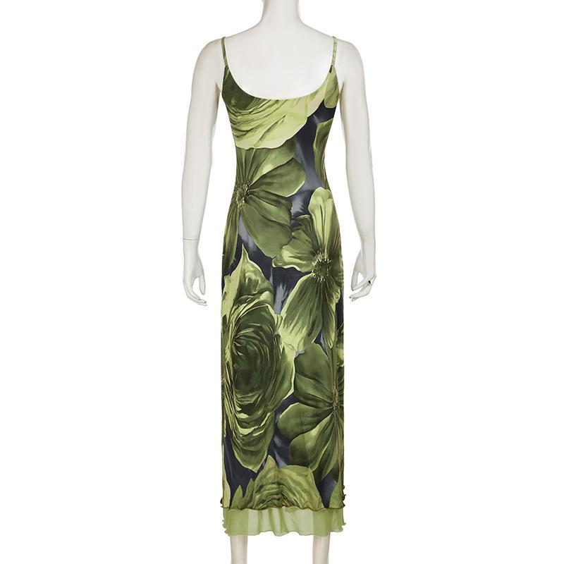 U neck flower print mesh cami maxi dress