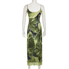 U neck flower print mesh cami maxi dress