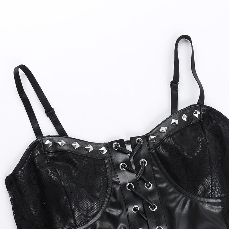 Lace up PU leather patchwork lace rivet cami top