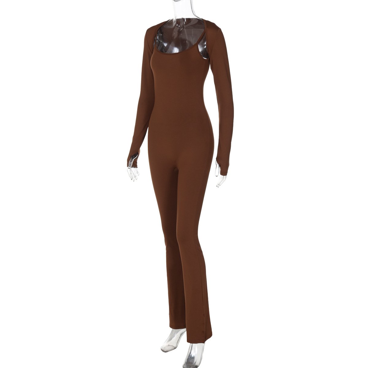 U neck long sleeve solid shrug 2 piece cami jumpsuit