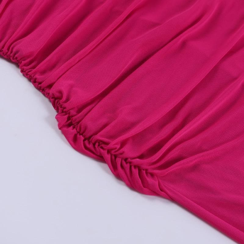 Mesh ruched slit square neck solid backless cami midi dress  | red tango dress