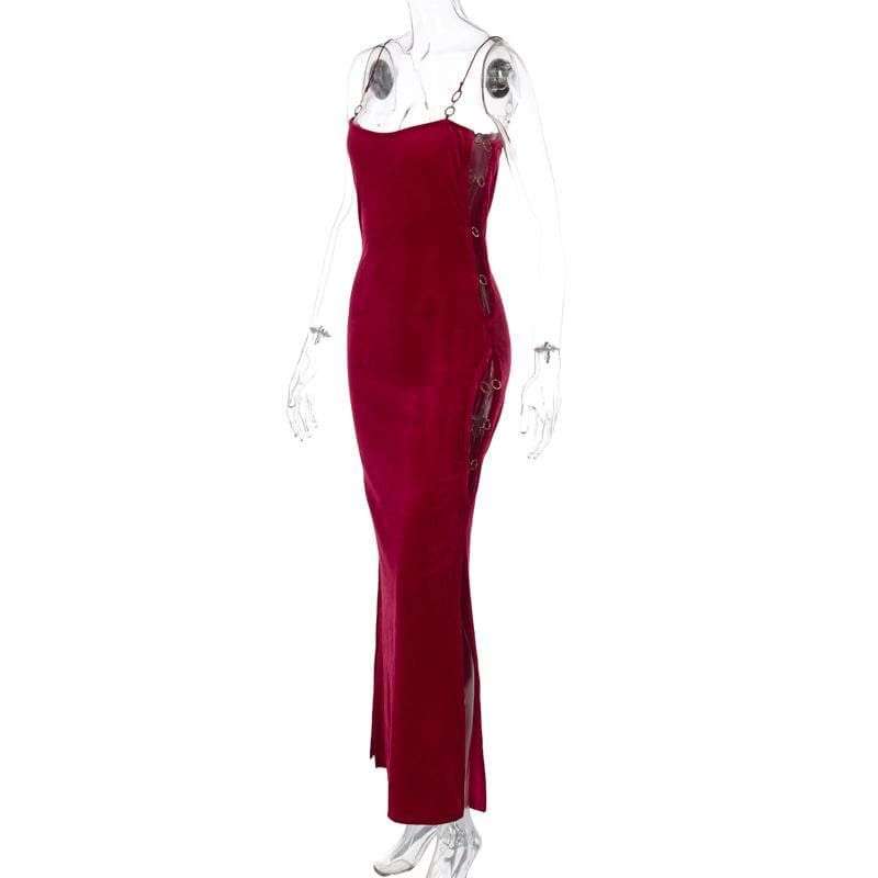 Velvet solid o ring hollow out slit backless maxi dress  | red tango dress