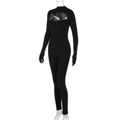 Long sleeve hollow out gloves solid zip-up jumpsuit