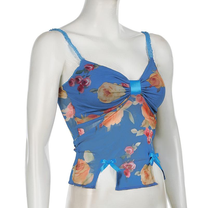 Mesh ruched slit bowknot flower print cami top