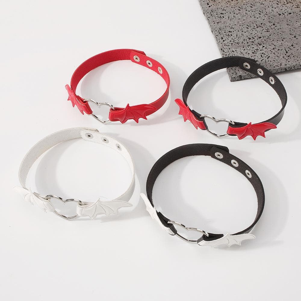Wing heart ring button PU choker necklace