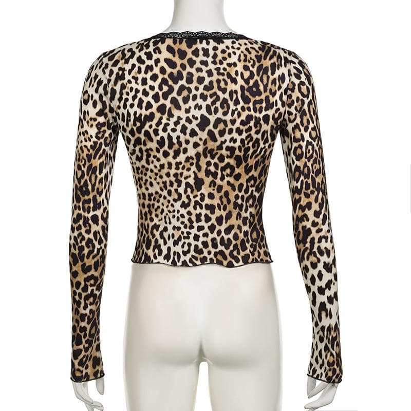 Long sleeve lace hem leopard print ruffle self tie top