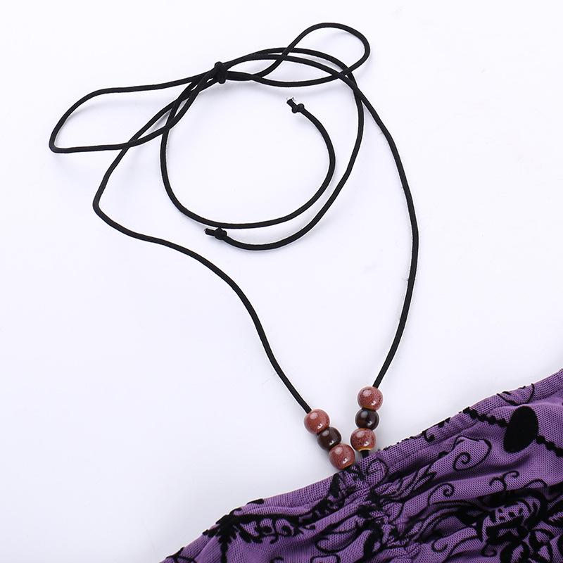 Halter drawstring ruched beaded mesh print top