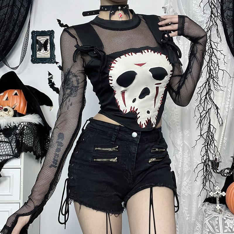 Crewneck long sleeve demon embroidery fishnet patchwork top