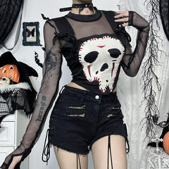Crewneck long sleeve demon embroidery fishnet patchwork top