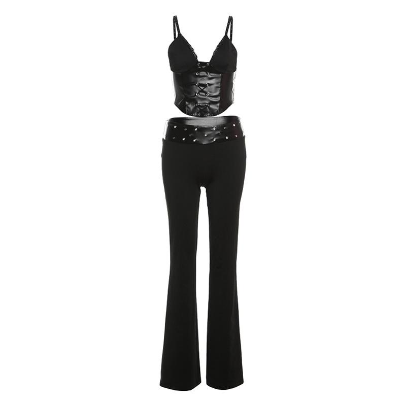 V neck PU leather lace up cami pant set