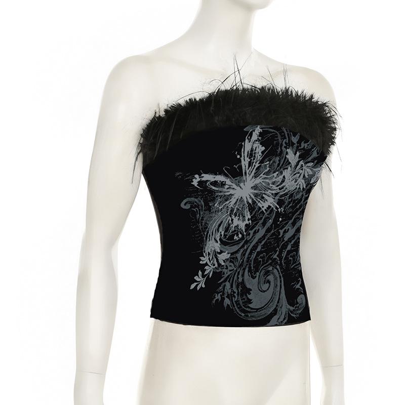 Butterfly print fluffy tube top