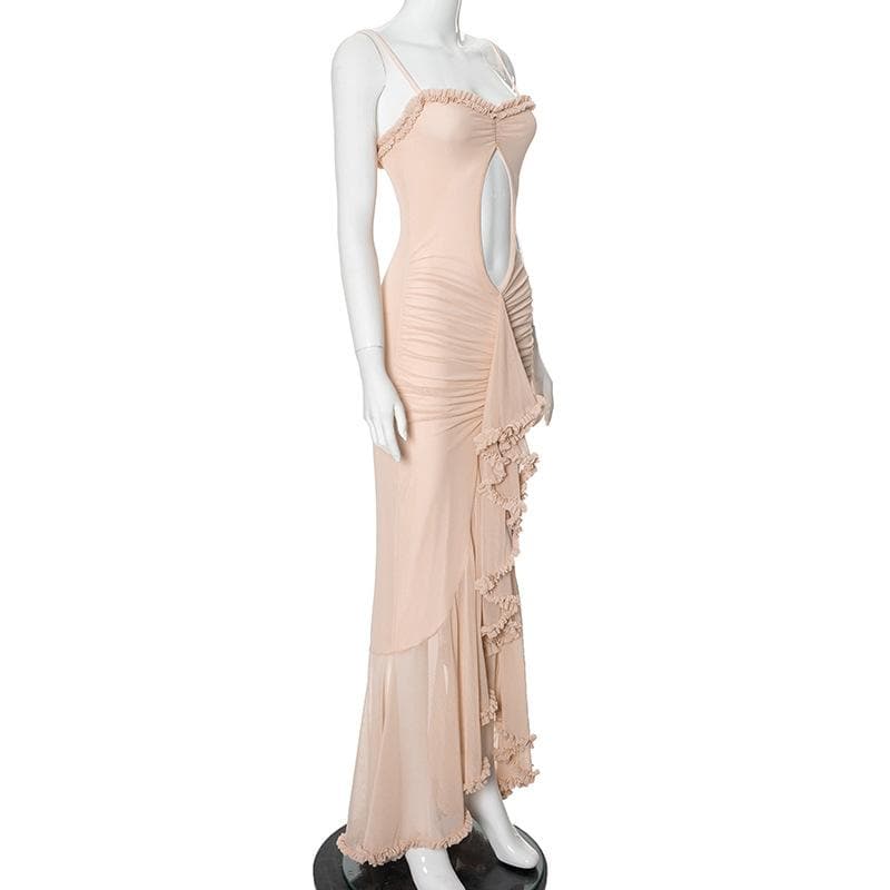 Ruffle ruched lace hem hollow out cami cut out maxi dress