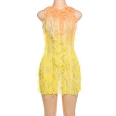 Crewneck hollow out see through gradient tassels mini dress