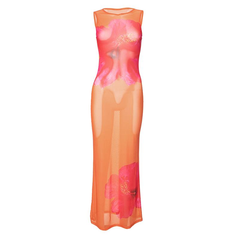 Sleeveless crewneck flower print sheer mesh maxi dress  | samba dress