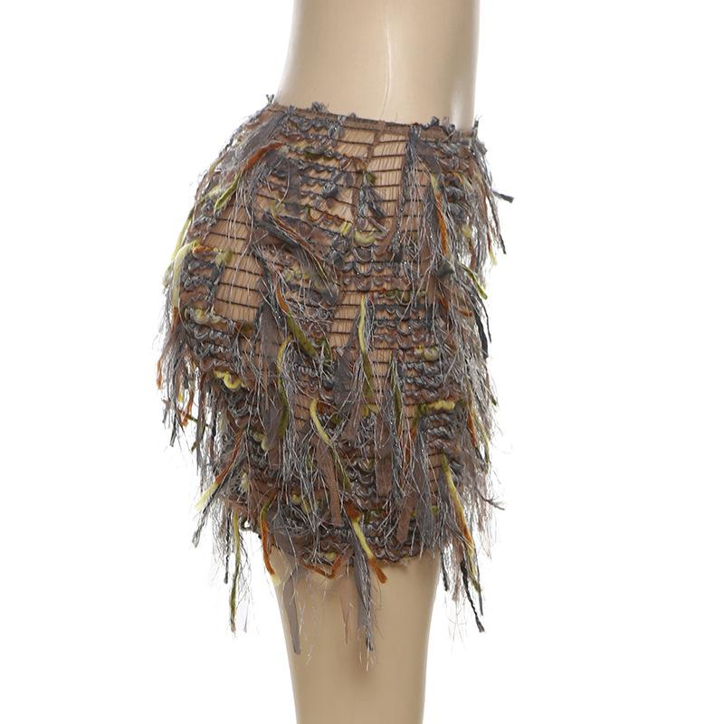 Tassels hollow out see through contrast mini skirt