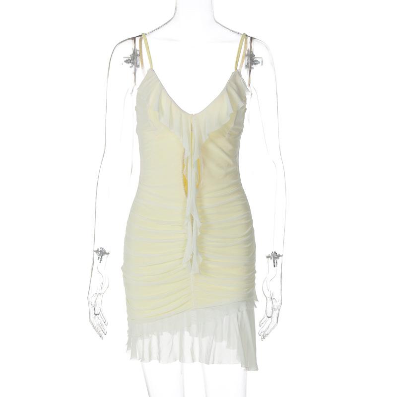 V neck ruffle hollow out ruched mesh cami mini dress
