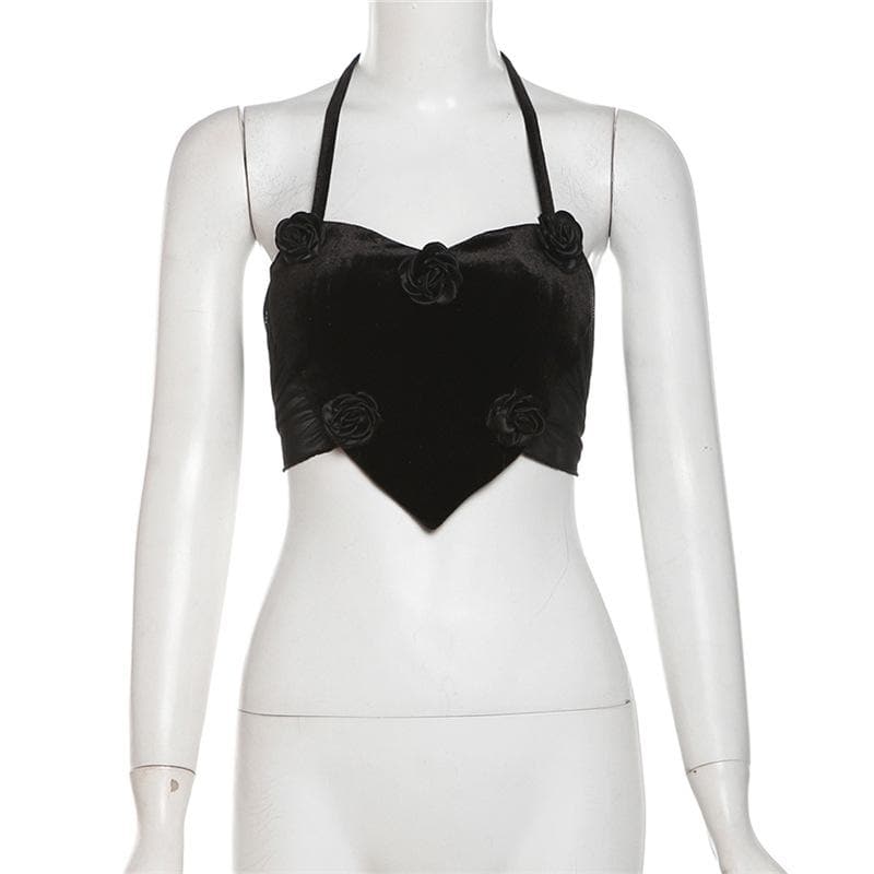 Halter flower applique velvet mesh self tie crop top