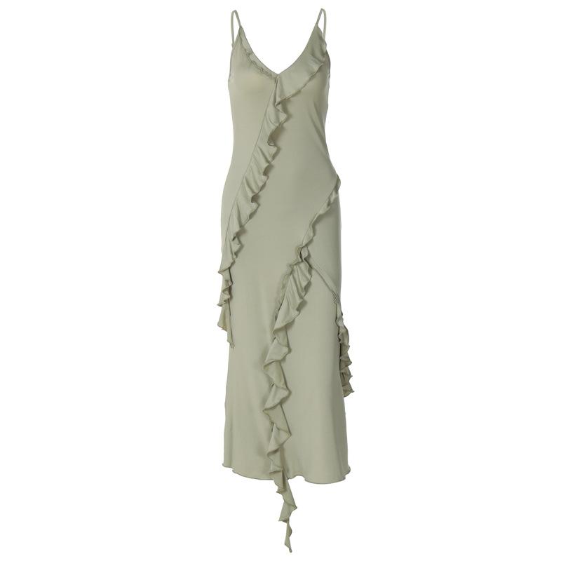 V neck ruffle backless irregular cami midi dress