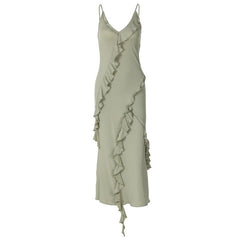 V neck ruffle backless irregular cami midi dress