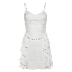 V neck ruffle lace patchwork cami mini dress