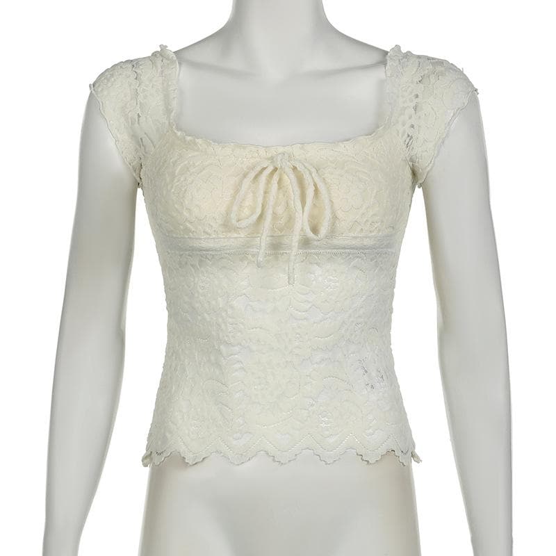 Cap sleeve square neck bowknot lace ruffle top