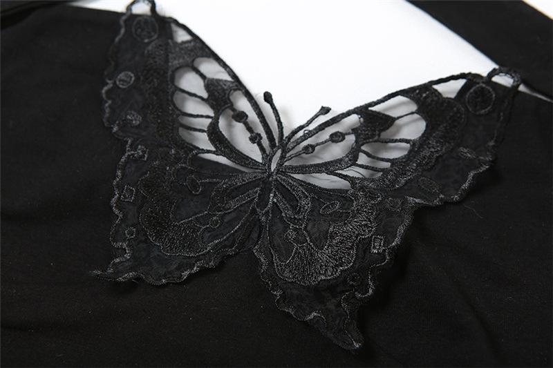 Halter cross front butterfly embroidery crop top