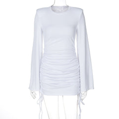 Long flared sleeve crewneck padded drawstring mini dress