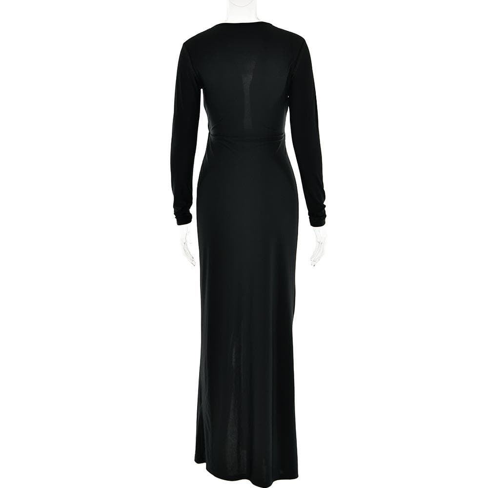 Long sleeve v neck ruched slit solid irregular maxi dress  | red tango dress