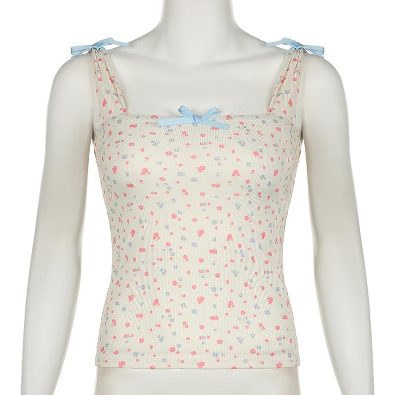 Square neck bowknot ribbed print cami top