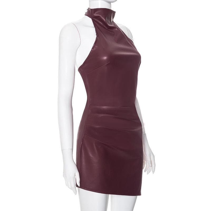 PU leather halter ruched button mini dress